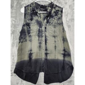 Rock & Republic Top Womens L‎ Green Black Tie Dye Sleeveless Button Down Rayon